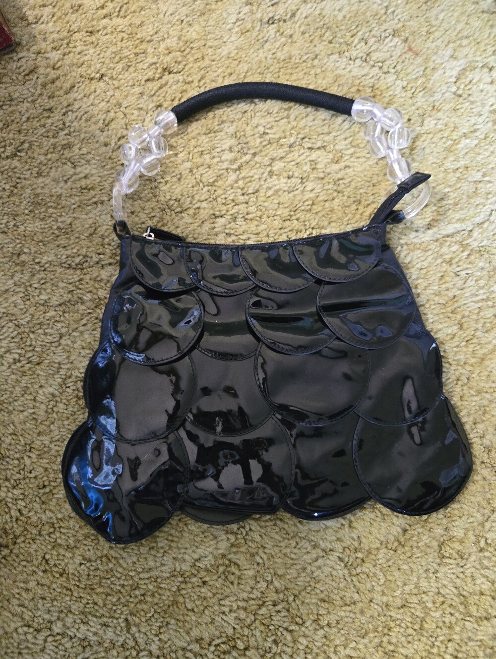 Black Patent Scallop With Beaded Handle Bag